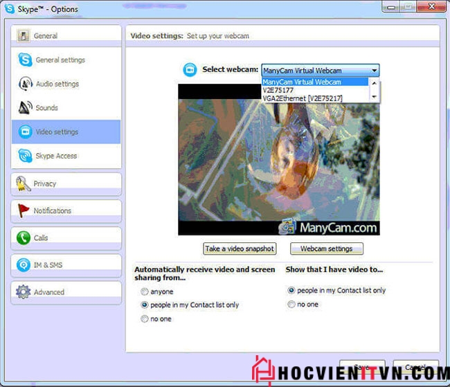 Chọn ManyCam Virtual Webcam làm webcam chính